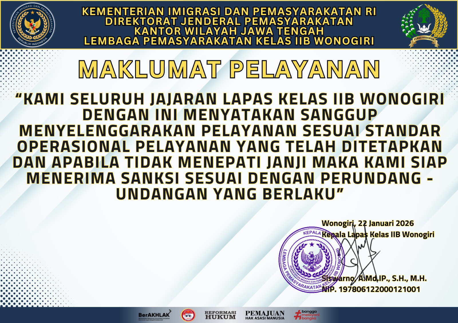 Maklumat Pelayanan Lembaga Pemasyarakatan Kelas IIB Wonogiri