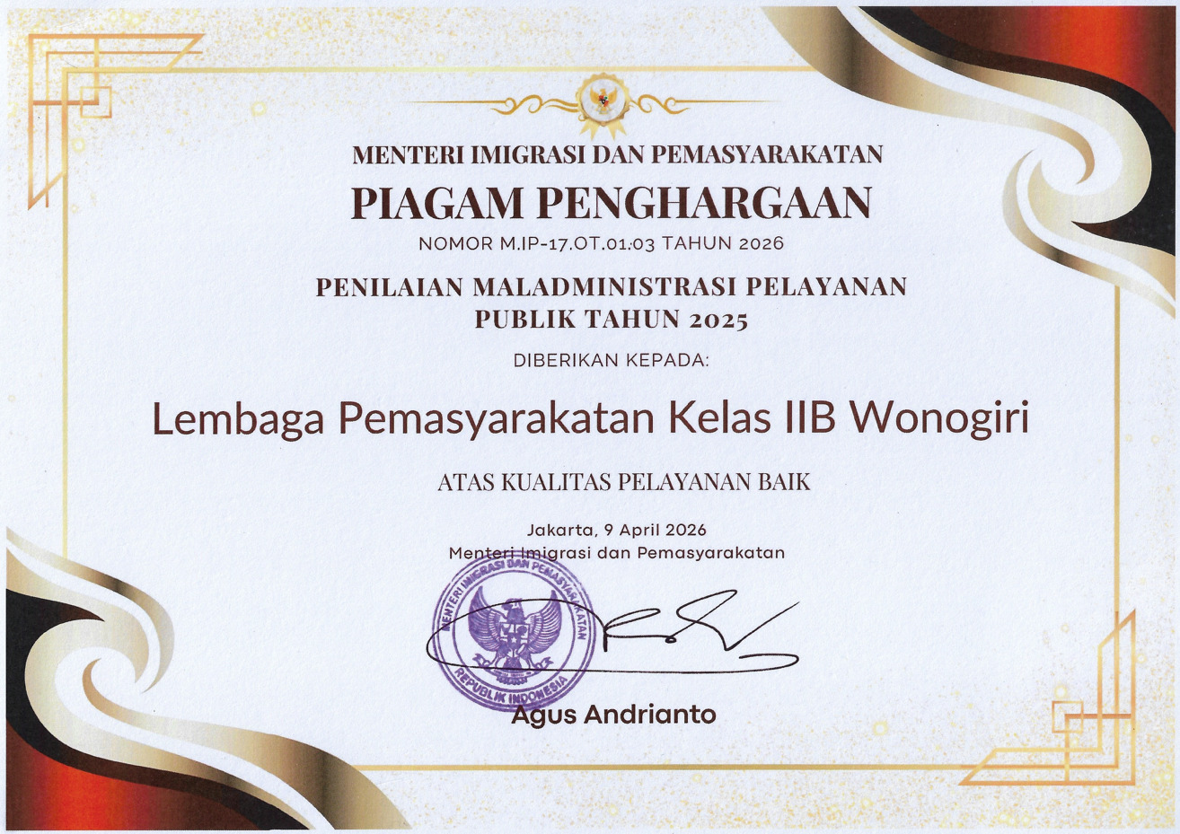 Lapas Kelas IIB Wonogiri Raih Penghargaan Nasional, Bukti Komitmen Hadirkan Pelayanan Publik Berkualitas